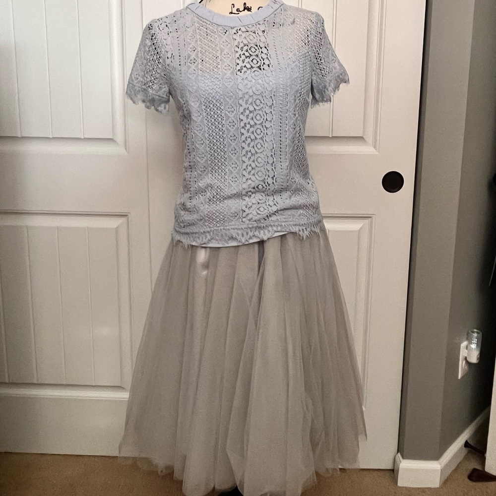 Baby Blue Lace Shirt and Gray Tulle Skirt